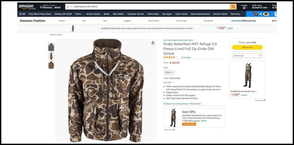Specimen for OLD SCHOOL. The specimen is a screenshot of an Amazon listing, showing the brand is actually DRAKE WATERFOWL, and "old school" is the color option.