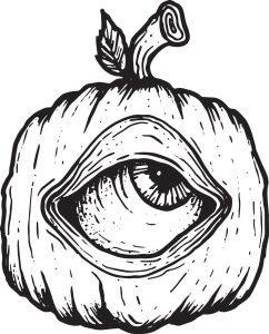 A well-drawn but kind of terrifying pumpkin with a single large human eye in the center of it.